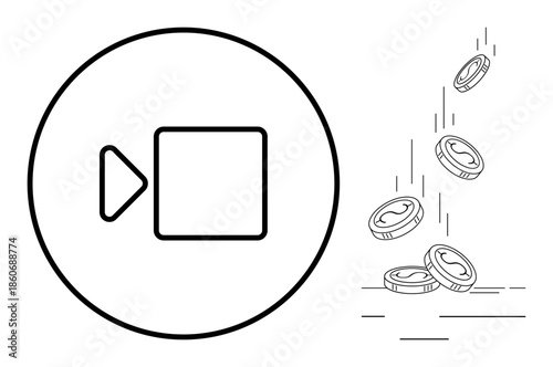 E-commerce, content creation, video streaming, online payments, financial growth, digital revenue. Video recording icon next to coins falling. Video streaming and digital revenue concepts