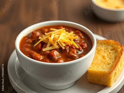 A hearty bowl of chili topped with cheese, next to a golden piece of cornbread.