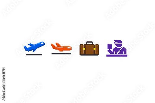 Pixel art icons representing air travel, luggage, and border control for digital design