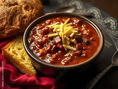A hearty bowl of chili topped with cheese, next to a golden piece of cornbread.