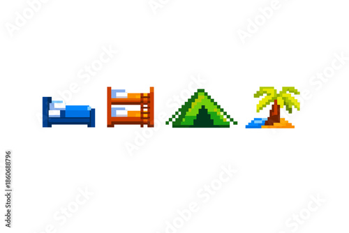 Pixel art icons of sleeping arrangements: bed, bunk bed, tent, and island palm tree