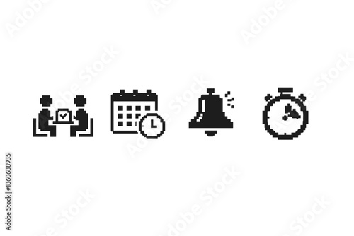 Pixel art icons representing meeting, calendar, notification bell, and stopwatch
