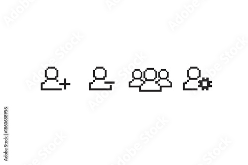 Pixelated user icons representing add, remove, group, and settings actions