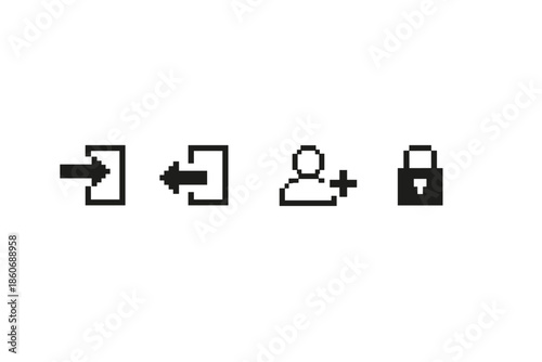 Set of pixel art icons for login, user, and security functions
