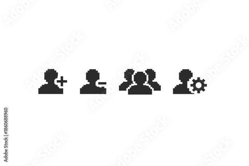 Pixelated user icons representing add, remove, group, and settings actions