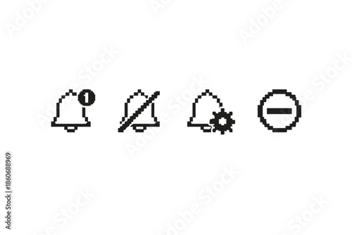 Pixel art notification icons: bell with alert, muted bell, settings bell, and minus symbol