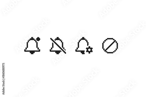 Pixel art notification icons: alert, muted, settings, and forbidden symbols