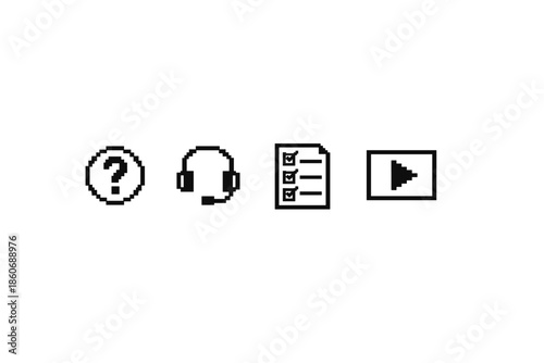 Pixel art icons for help, support, tasks, and media playback on a white background