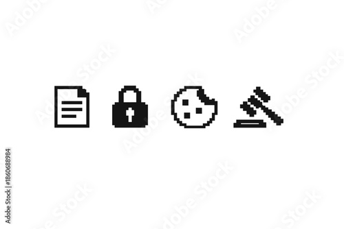 Pixel art icons representing document, lock, cookie, and gavel on a white background