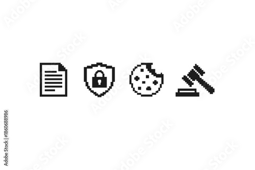 Pixel art icons representing document, security, cookie, and gavel for digital law concepts