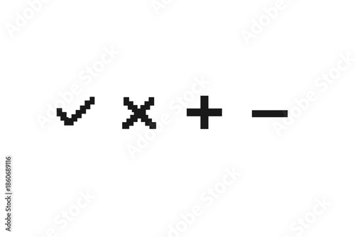 Pixelated checkmark, cross, plus, and minus symbols on a white background