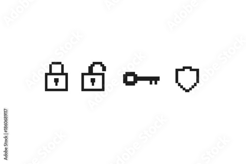 Pixel art security icons: locked and unlocked padlock, key, and shield