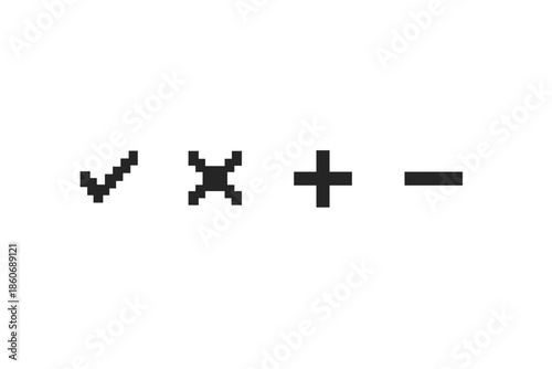 Pixelated checkmark, cross, plus, and minus symbols on a white background