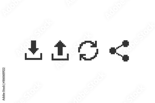 Pixel art icons for download, upload, refresh, and share functions on a white background