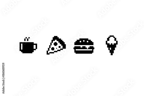 Retro pixel art icons of popular fast food and drink items on a white background