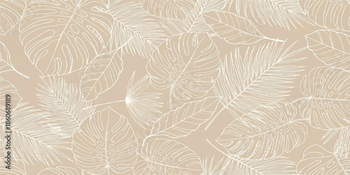 Soft beige tropical paradise: seamless pattern with delicate white outlined leaves
