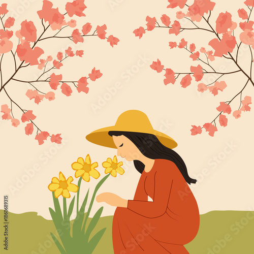 A woman in a red dress and yellow hat kneels on green grass, admiring yellow daffodils. Pink cherry blossoms arch above, creating a peaceful spring scene full of warmth and contemplation.