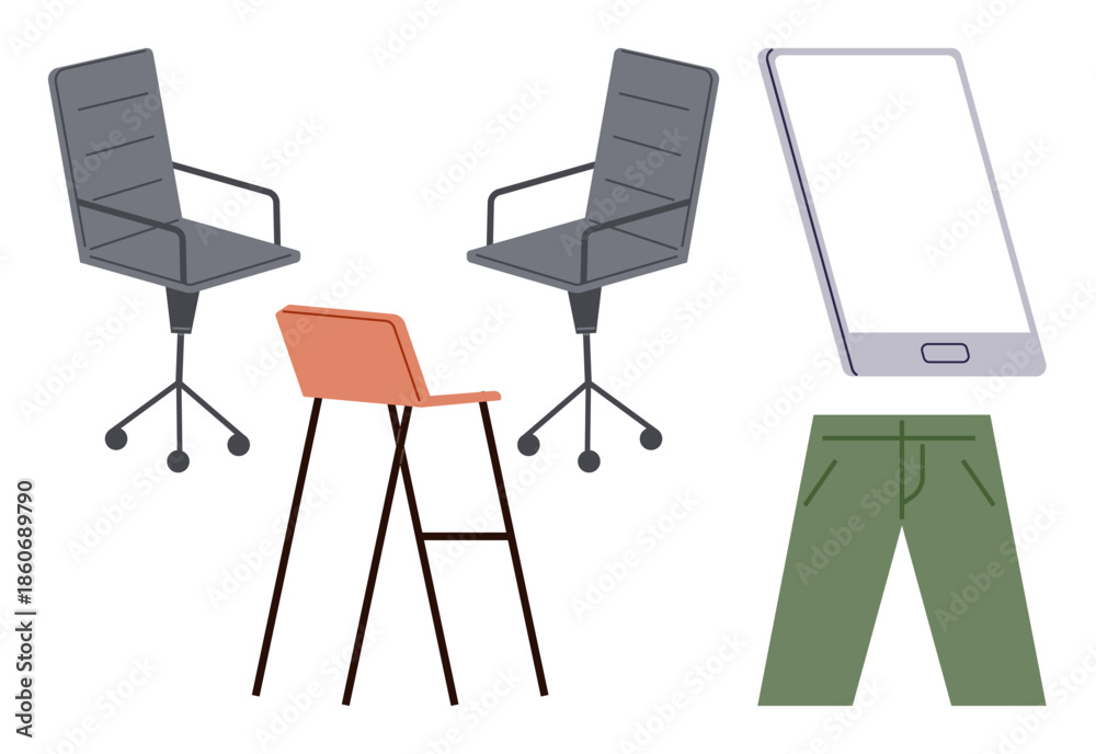Fototapeta premium Three types of seating, smartphone, and green pants arranged conceptually. Ideal for workspaces, fashion, technology, minimalism, collaboration interior design and creativity. Simple flat metaphor