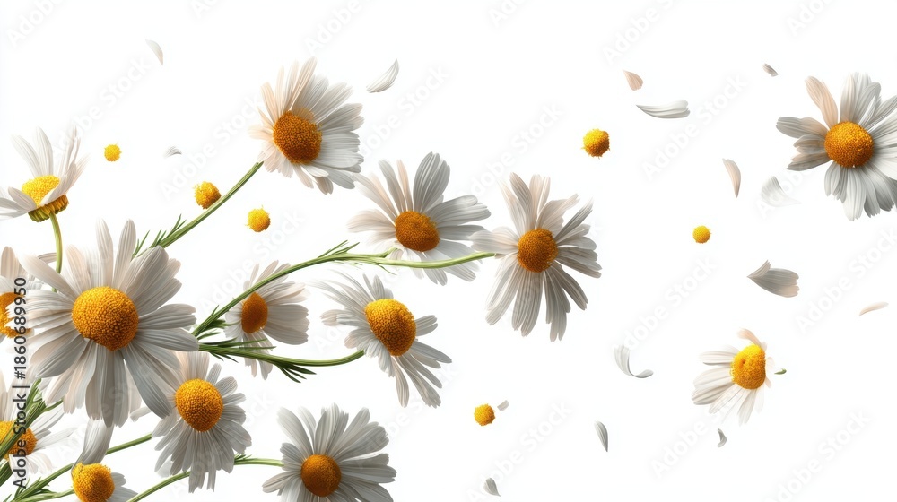 Obraz premium A collection of vibrant white daisies with bright yellow centers, delicately scattered, set against a clean white backdrop. Petals and flowers create a sense of movement and freshness.