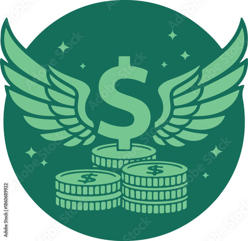Flying dollar sign with stacks of coins representing fast money growth and financial success