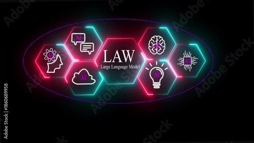 Large Language Model ( LAW) AI Concept with Neon Futuristic Technology Network on black background .   Motion graphics of large language model idea. digital transformation.