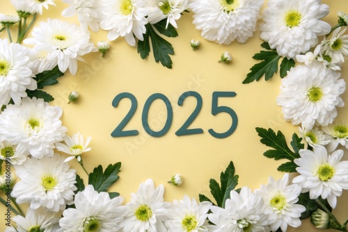 White Flowers Surround the Number 2025 on a Yellow Background