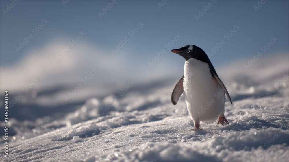 Fototapeta premium A gentoo penguin stands on a snowy surface under a bright sky. The penguin appears alert and curious while exploring its icy surroundings in Antarctica during daytime.