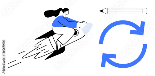 Creativity, innovation, workflow, progress, productivity, inspiration. Person riding a rocket, pencil icon circular arrows. Creativity and innovation illustrated in workflow and progress