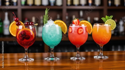 Colorful cocktails displayed on a bar with garnish and drinks