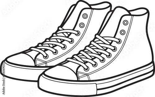 A pair of iconic high-top canvas sneakers in a clean black and white outline drawing