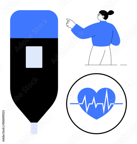 Health services, vaccinations, cardiology, medical technology, wellness education, patient care. A syringe, a heart with a heartbeat line and a woman pointing. Health services and vaccination