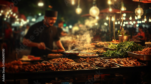 colorful street food stalls in an open-air market at night