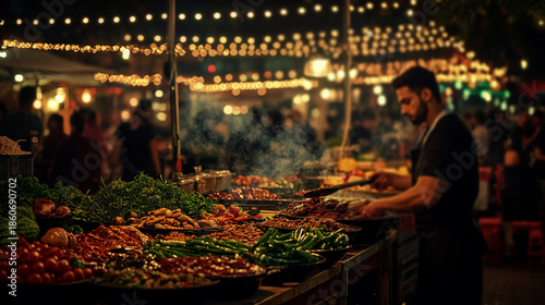 colorful street food stalls in an open-air market at night