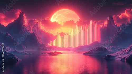 Vibrant Sunset Over Mountains with Sound Wave Visualization