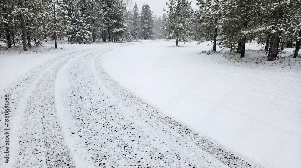 Obraz premium Snow on gravel driveway in winter landscape with trees and untouched snow covering ground. Scenic view highlights snowy gravel driveway winding through winter wonderland of trees and white blanket.