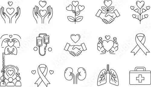 Minimalist line icons for healthcare and charity concepts