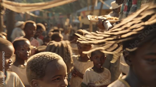 Children receive food in a busy outdoor market during a community event in the afternoon sun