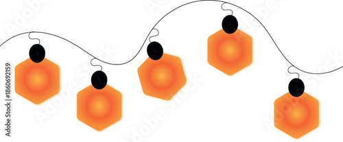 A string of orange halloween lanterns with black caps on a white background