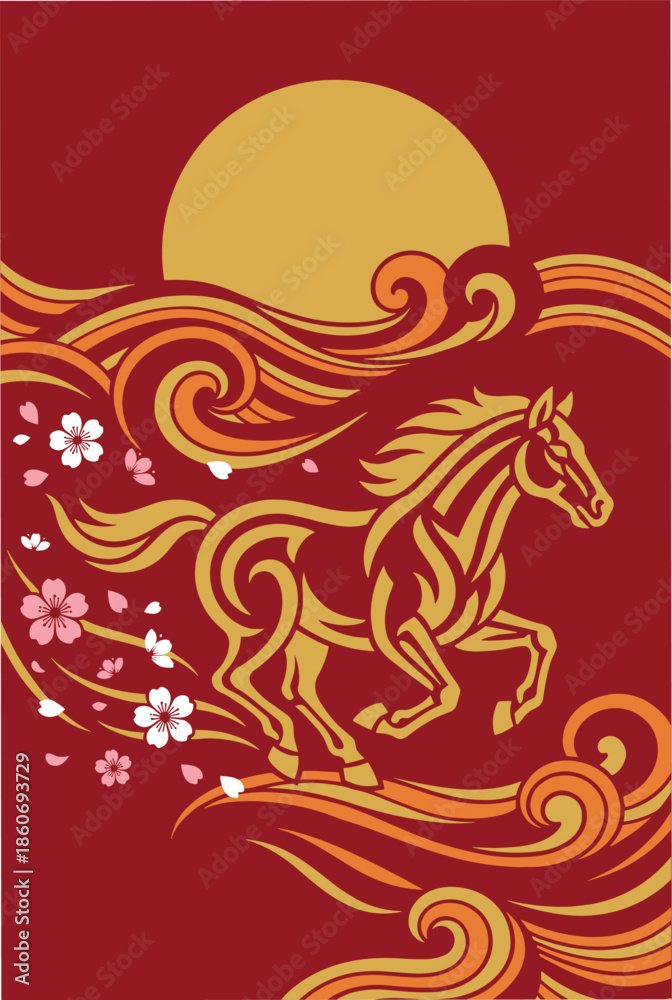 Fototapeta premium Chinese New Year 2026 Year of the Horse Illustration with Cherry Blossoms and Flowing Abstract Designs Festive Holiday Graphic