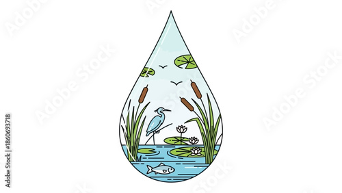 Water Drop Illustration with Wildlife Scene.