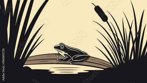 Green Frog Sitting on Log Near Water.