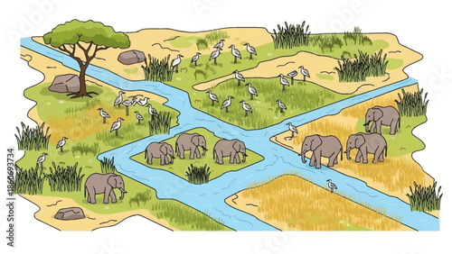 Elephants in a River Delta Landscape.