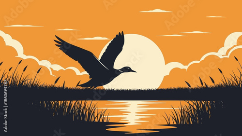 Bird Flying Over Water at Sunset.