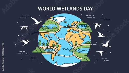 Globe Illustration with Wetlands and Birds.