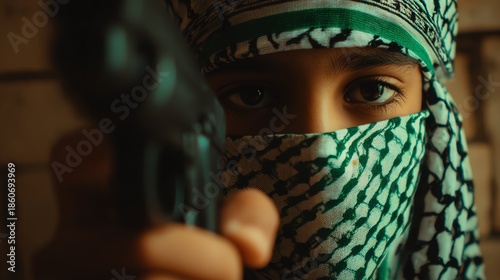 An intense close-up portrait of a masked individual aiming a handgun toward the viewer.