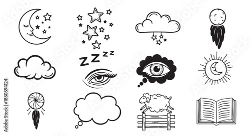 Black and White Dreamy Night Sky Doodle Set for Relaxation