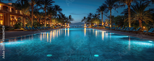Luxury resort pool at night, illuminated by underwater lights and surrounded by palm trees, perfect for travel and luxury lifestyle coverage
