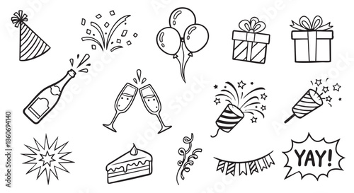 Black and white festive party celebration with champagne and cake elements