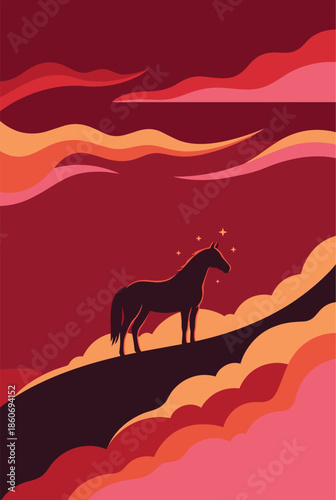 Chinese New Year 2026 Year of the Horse Illustration Horse Silhouette Against a Red Sunset Sky Festive Design for Greetings and Celebrations
