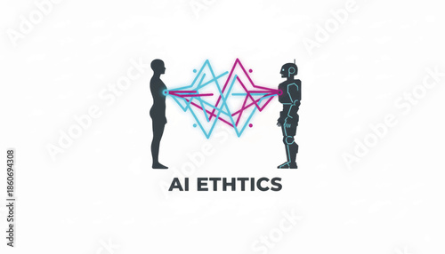 AI ethics concept with human and robot silhouettes. Artificial intelligence connection and neural network vector illustration. Future technology and moral philosophy design